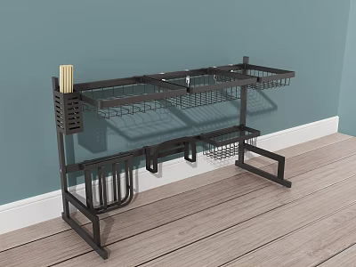Black Metal Kitchen Storage Rack With Multi-tiered Wire Shelves Hooks And Utensil Holder 3d model