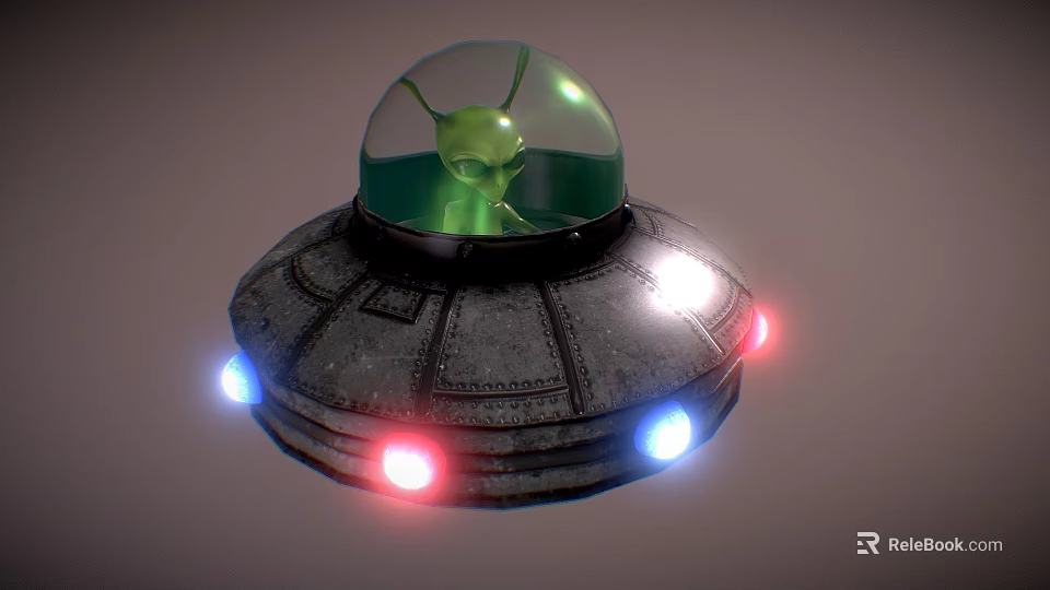 Sci-Fi UFO Model With Green Alien Inside Transparent Dome Colored Lights On Base Metallic Exterior 3d model 