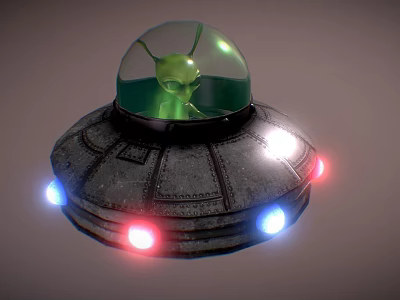 Sci-Fi UFO Model With Green Alien Inside Transparent Dome Colored Lights On Base Metallic Exterior 3d model