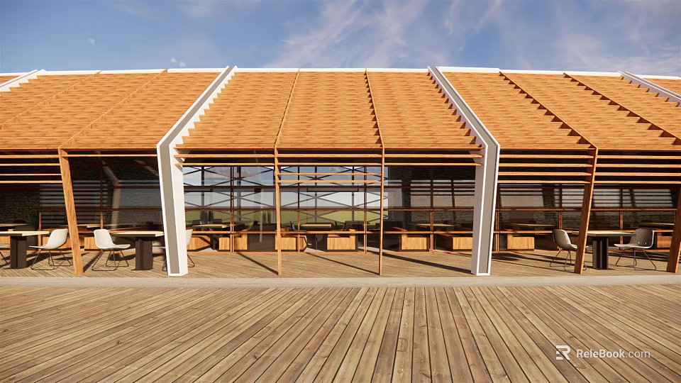 Outdoor Pergola With Orange Roof Tiles Wooden Structure And Wooden Deck 3d model 