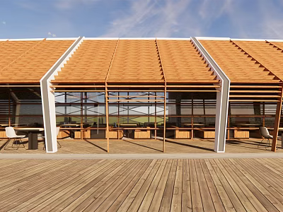 Outdoor Pergola With Orange Roof Tiles Wooden Structure And Wooden Deck 3d model