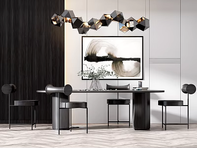 Modern Dining Table Set With Black Chairs Geometric Chandelier Abstract Painting And Green Plant 3d model