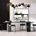 Modern Dining Table Set With Black Chairs Geometric Chandelier Abstract Painting And Green Plant