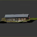 Rural Self Built House Exterior With Wooden Structure Gray Roof And Green Grassland Surroundings