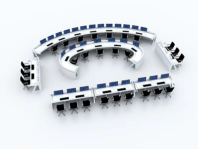 Professional Modern Curved Conference Table Setup With Multiple Monitors And Chairs 3d model