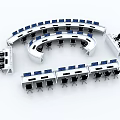 Professional Modern Curved Conference Table Setup With Multiple Monitors And Chairs