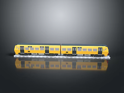 Yellow Train Model With Two Carriages On Display Stand Showcasing Smooth Reflection 3d model