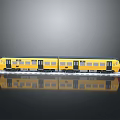 Yellow Train Model With Two Carriages On Display Stand Showcasing Smooth Reflection