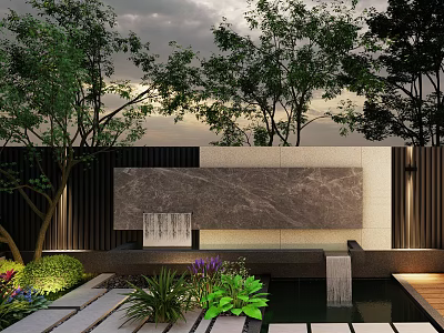 Modern Landscape Feature Wall With Stone Surface Surrounded By Trees Plants And Water Pond 3d model