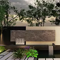 Modern Landscape Feature Wall With Stone Surface Surrounded By Trees Plants And Water Pond
