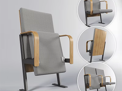 Public Chair With Gray Fabric Seat Wooden Armrests And Metal Frame Design 3d model