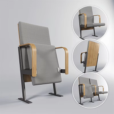 Public Chair With Gray Fabric Seat Wooden Armrests And Metal Frame Design 3d model