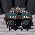 Wooden Dining Table Set With Upholstered Chairs Green Table Runner And Flower Centerpiece
