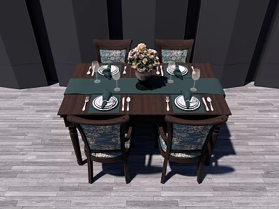 Wooden Dining Table Set With Upholstered Chairs Green Table Runner And Flower Centerpiece 3d model