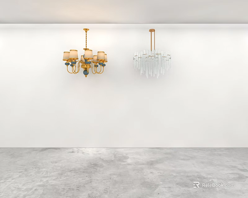 Two Elegant Modern Chandeliers With Golden Frame Beige Shades And Transparent Glass Elements 3d model 