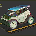Urban Concept Car Featuring Blue Roof Unique Wheel Design on Platform with Yellow Lines