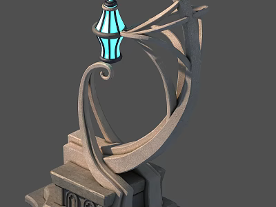 Cartoon Scene Featuring Ornate Street Lamp With Blue Lantern And Stone Base 3d model