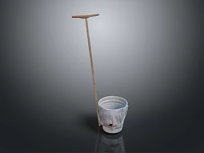 Essential Household Cleaning Tools Wooden Handle Mop And Plastic Bucket 3d model