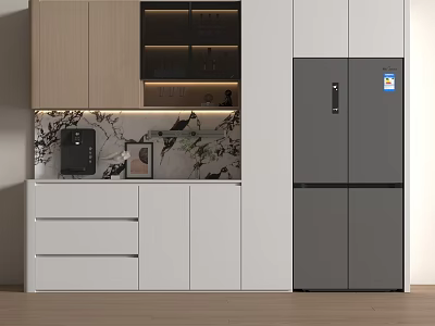 Modern Kitchen Sideboard With White Wood Finish Storage Cabinets And Drawers 3d model