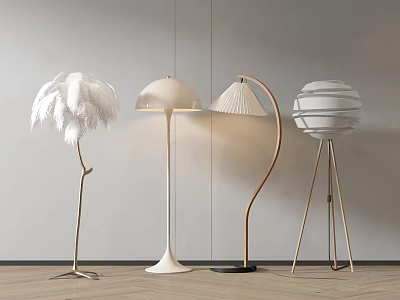 Modern Floor Lamps With Feather Shade Curved Stand Geometric Design And Metal Base In Minimalist Room 3d model