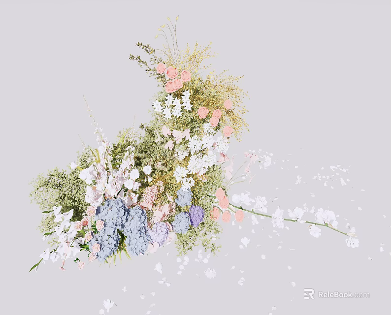 Beautiful Floral Arrangement in Decorative Vase with Pink White Purple Flowers and Green Foliage 3d model 