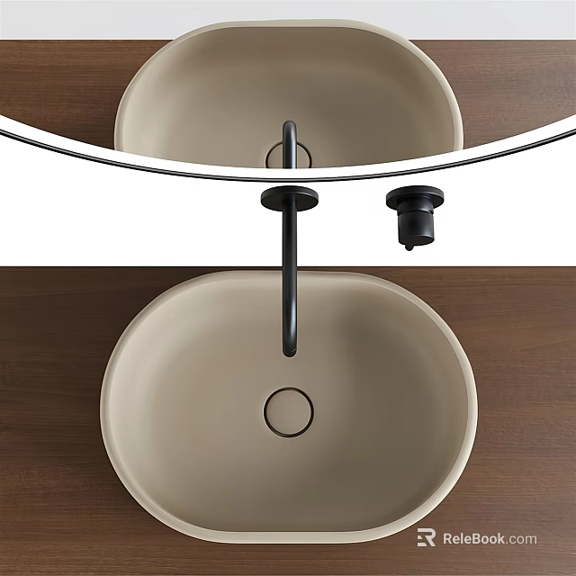 Modern Beige Round Washbasin Design With Black Faucet And Wooden Countertop 3d model 