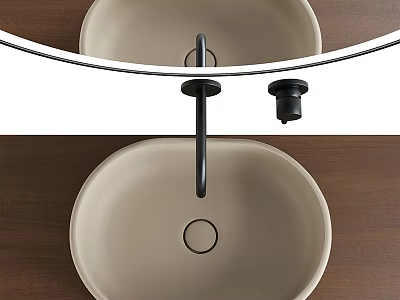 Modern Beige Round Washbasin Design With Black Faucet And Wooden Countertop 3d model