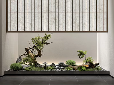 Indoor Japanese Landscape With Wooden Lattice Screen Rock Garden And Mossy Plants 3d model