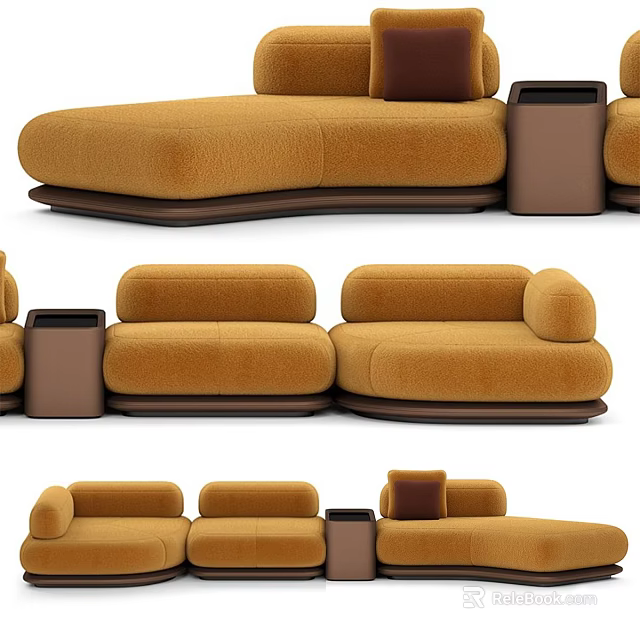 Modern Brown Sectional Sofa With Soft Velvet Upholstery And Side Table 3d model 
