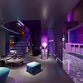 Modern Bar Interior With Purple Lighting Bar Counter And Seating Area
