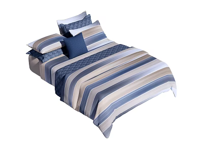 Modern Double Bed With Striped Bedding Blue White Beige Stripes And Decorative Pillows 3d model