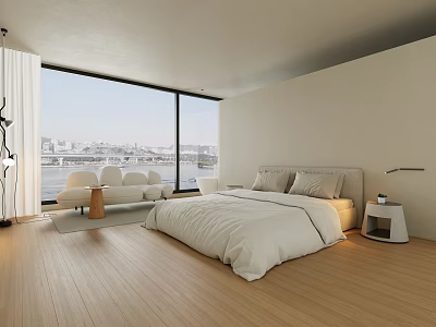 Modern Bedroom Interior Design With Large Windows City View White Bed Wooden Flooring 3d model