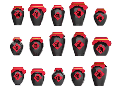 Black Wine Jars With Red Labels And Lids Arranged In Multiple Rows 3d model