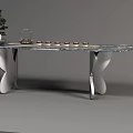 Modern Tea Table With Marble Top Butterfly Shaped Steel Legs And Teapot Cups Bonsai Plant