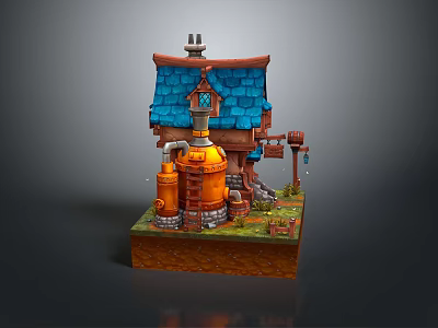 Whimsical Cartoon Scene With Small House Blue Roof Orange Walls Chimney And Green Plants 3d model