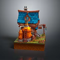 Whimsical Cartoon Scene With Small House Blue Roof Orange Walls Chimney And Green Plants