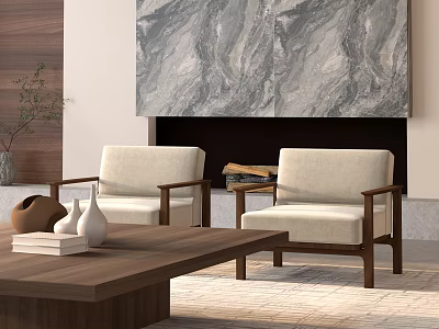 Modern Living Room Interior With Wooden Coffee Table Armchairs Marble Wall And Fireplace 3d model