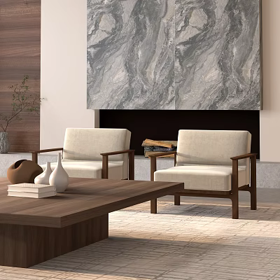 Modern Living Room Interior With Wooden Coffee Table Armchairs Marble Wall And Fireplace 3d model