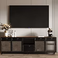 Modern Wooden TV Stand with Mesh Doors Drawers and Decorative Vase Photo Frame