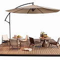Outdoor Table With Cantilever Umbrella And Chairs On Wooden Deck With Food And Plants