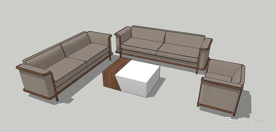 Modern Light Gray Sofa Set With Wooden Frame And Square Coffee Table Combination 3d model