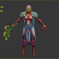 Hooded Female Warrior In Blue And Orange Armor Holding Orange Weapon With Green Gem