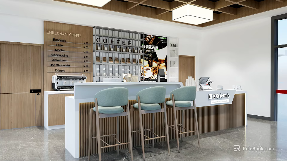 Bubble Tea Shop Interior With Counter Light Blue Bar Stools And Coffee Bean Display Shelves 3d model 