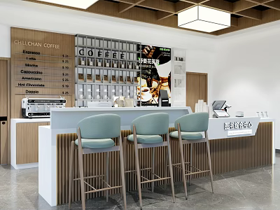 Bubble Tea Shop Interior With Counter Light Blue Bar Stools And Coffee Bean Display Shelves 3d model