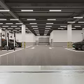 Parking Garage Interior With Ceiling Lights White Columns And Parked Vehicles
