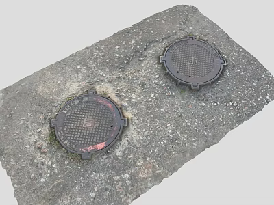 Urban Road Facilities With Two Cast Iron Manhole Covers On Asphalt Surface 3d model