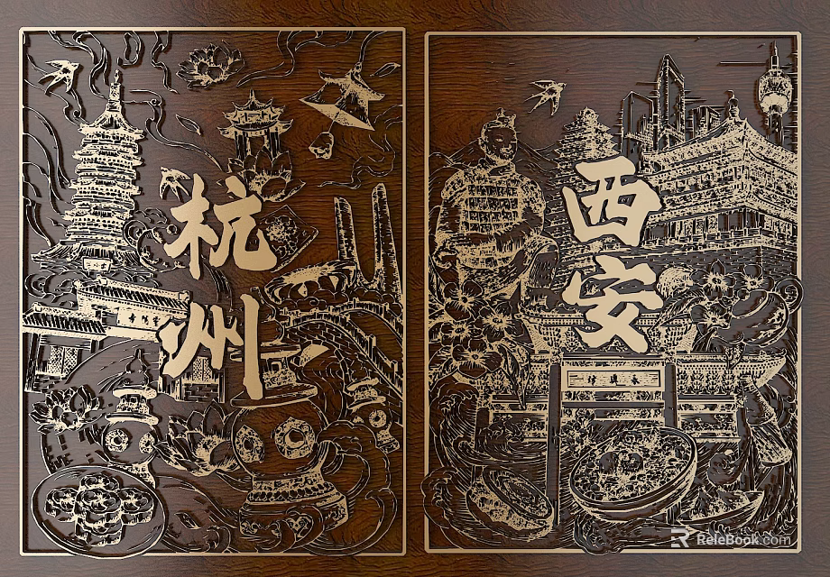 Traditional Chinese Carved Wood Panels With Hangzhou Xi'an Cityscape And Cultural Elements 3d model 