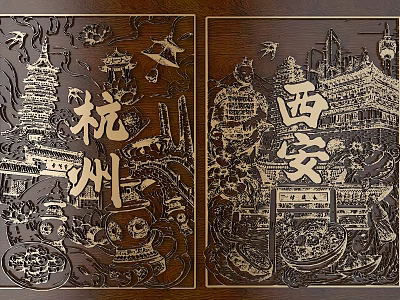 Traditional Chinese Carved Wood Panels With Hangzhou Xi'an Cityscape And Cultural Elements 3d model