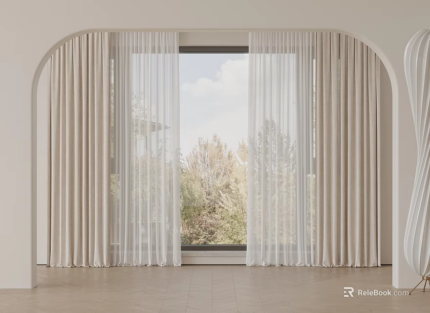 Beige Curtains And White Sheer Panels In Modern Arched Window Interior 3d model 