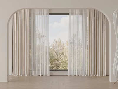 Beige Curtains And White Sheer Panels In Modern Arched Window Interior 3d model